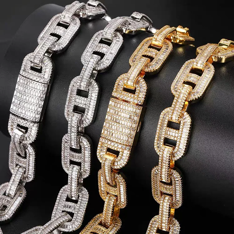 Fashion Style Baguette Cuban Chain 19mm Width S925 Silver with d Color Baguette Moissanite Cuban Link Chain Rapper Necklace