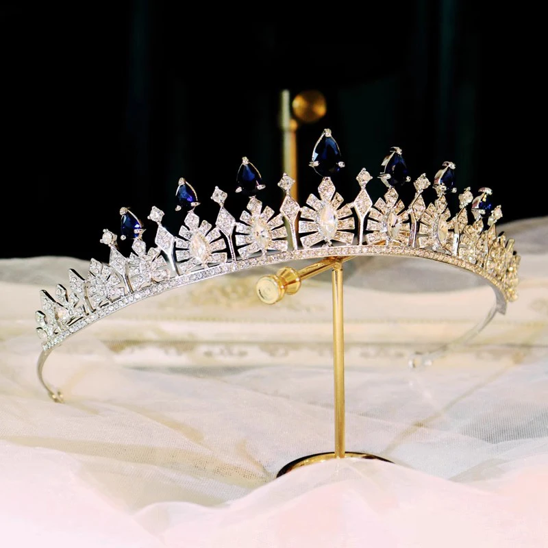 CC Luxury Crown Women Accessory Wedding Headpiece Engagement Hair Ornaments Bridal Dress Water Drop Shape Blue Color Tiara FO70