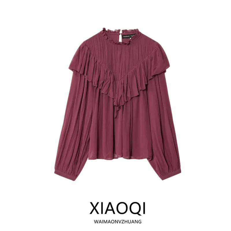 

Осень 2025: Новая женская блузка из шифона с кружевной отделкой, свободного кроя, с длинными рукавами, в европейском стиле, модная.