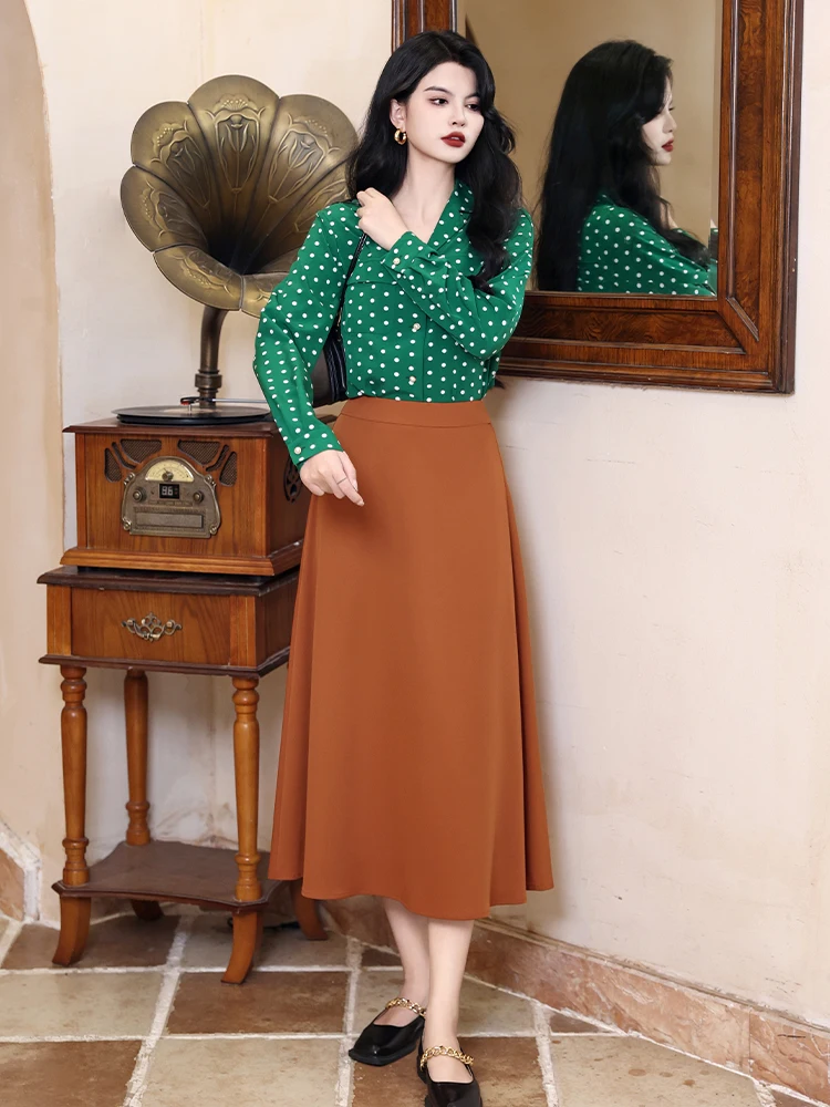 

Caramel Mocha High Waist A-Line Midi Skirt City Commute Pure Color Pear Shape Body Conceal Slimming Mid-Length Half Skirt