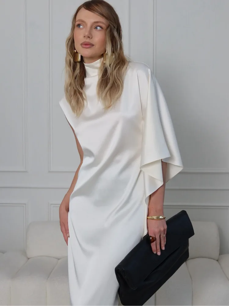 Articat エレガントな半袖サテンボディコン不規則なパーティークラブイブニングドレスの女性のファッションスリムラウンドネック無地ロングドレス