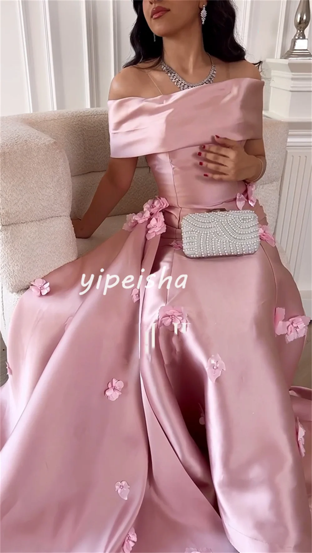 Customized Intricate Exquisite Satin Applique Flower Beading Pleat A-line Off-the-shoulder Long Dresses Evening Dresses Modern S