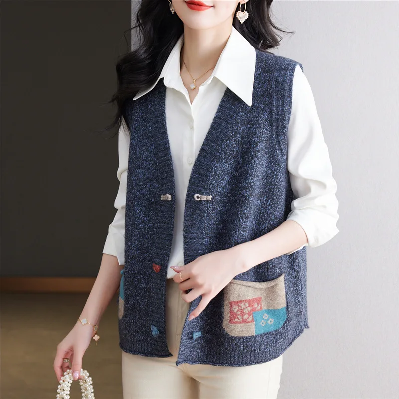 เสื้อคาร์ดิแกนคอวีถักแบบเวสต์สำหรับผู้หญิง ฤดูใบไม้ผลิและฤดูใบไม้ร่วงปี 2025 แฟชั่นเกาหลีใหม่ สไตล์ลำลอง เสื้อผู้หญิง