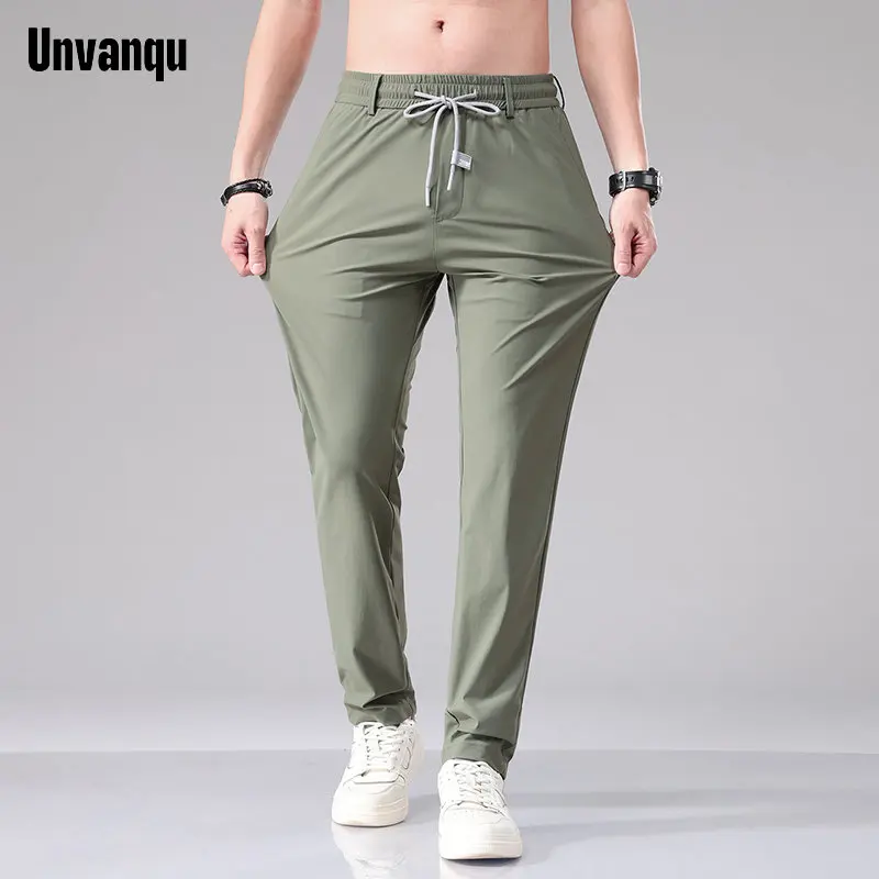 UNVANQU 2023 High Quality Casual Slim Straight Breathable Stretch Classic Trousers Men Summer Streetwear Khaki Green Male Pants