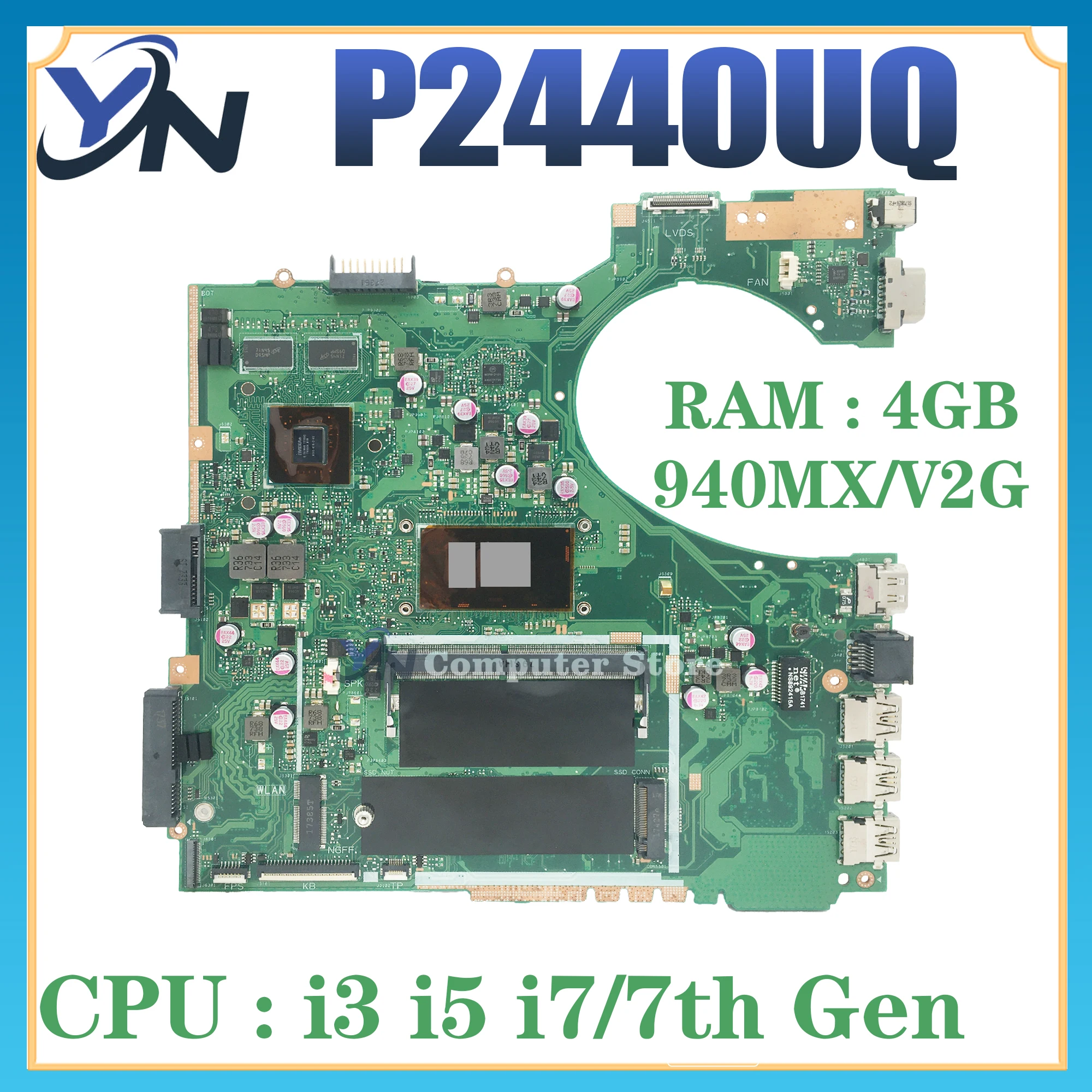 

P2440U Mainboard For ASUS PRO P2440 P2440UQ P2440UA P2440UF Laptop Motherboard I3 I5 I7 7th/8th Gen 940MX/UMA 4GB/RAM 100% Test