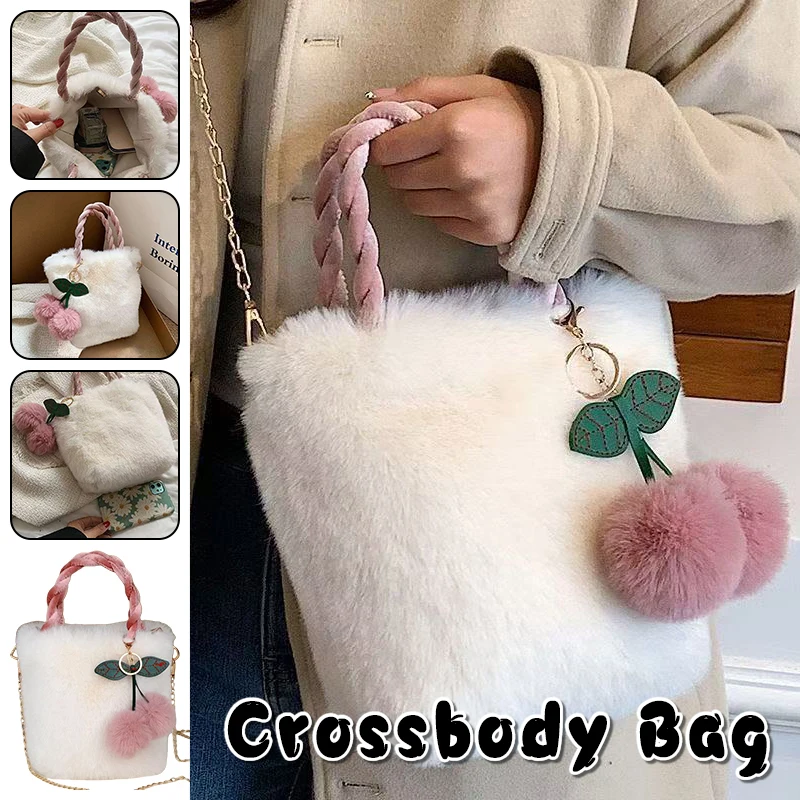 حقيبة كروس من الفرو الصناعي المنفوش للنساء، محفظة كتف صغيرة من القطيفة مع كرة الكرز والشرابة، حقيبة يد لطيفة للفتيات #1