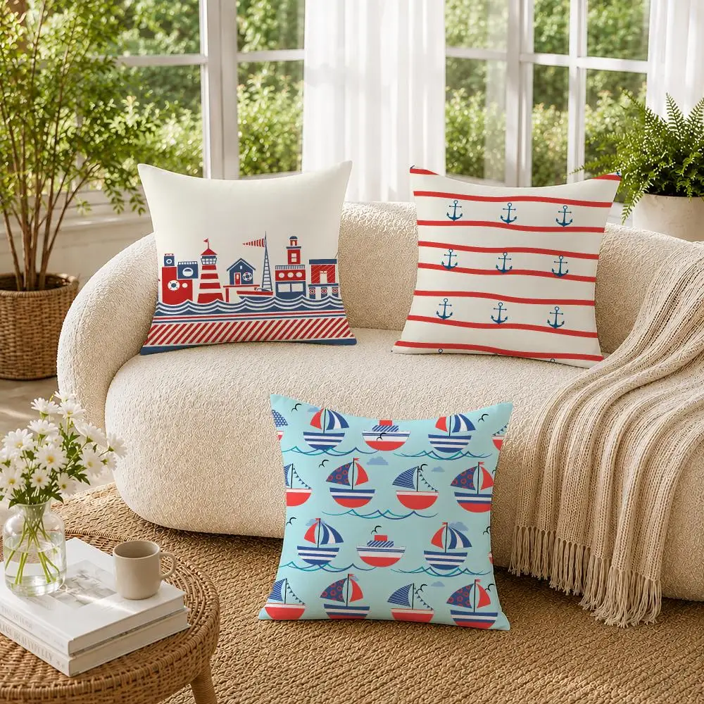 Beach House Striped Design Sailing Boats Cushion Cover Soft Short Plush Pillow Cases Hidden Zipper Cutecore Sofa Home Decor Gift 2