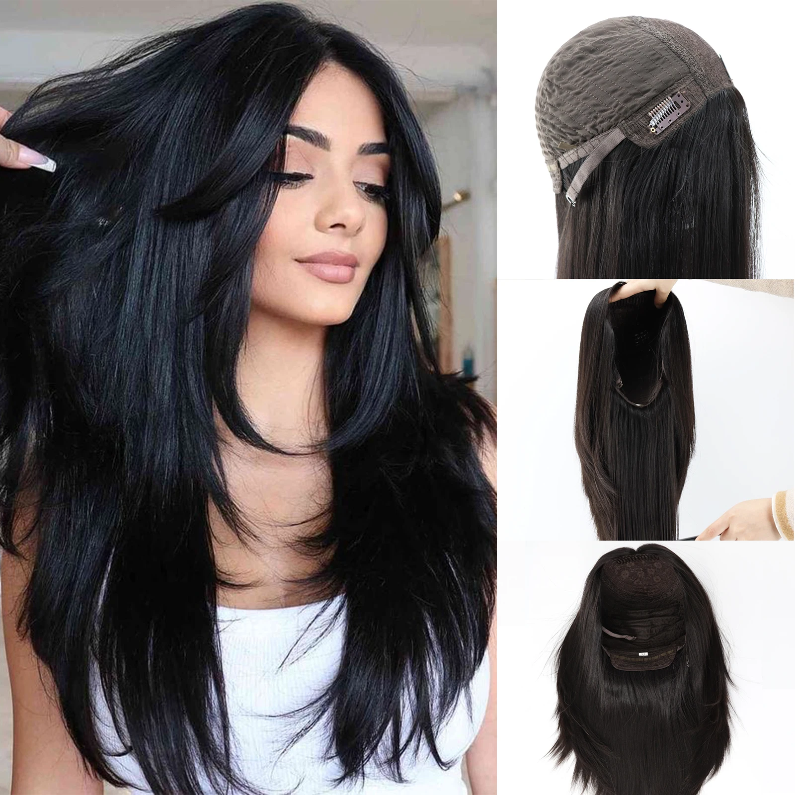 Natural Black Skin Silk Top Jewish Wig Virgin European Human Hair With Clips in 16 Inch Layer  Hair Silk Base Wig