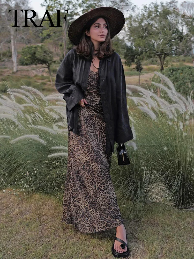 TRAF 2024 Woman Vintage Fashion Slim Beach Party Long Dress Women Leopard Printed Sleeveless Backless Suspender Dress Street