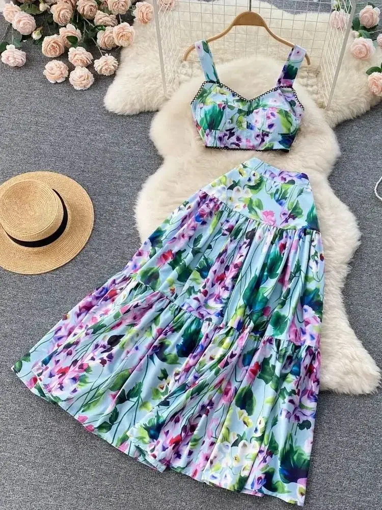 Summer Holiday Flower Print Women's Skirt Suits Sexy Padded Strapless Cropped Top + Floral Print Long Skirts Sets 2 Piece Sets