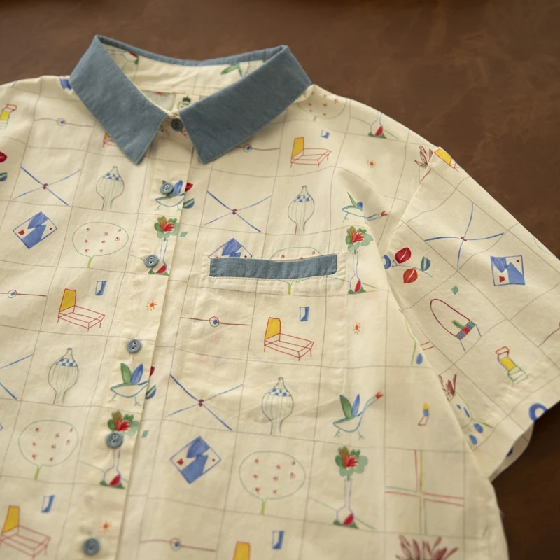 原宿系カートゥーン柄プリント100%コットンシャツ レディース モリーガール 夏 ターン ダウンカラー 半袖 カジュアルブラウス トップス