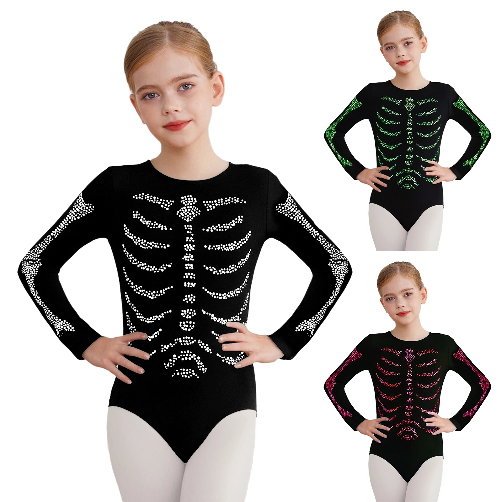 Kids Boys Girls Halloween Skeleton Costume Shiny Rhinestones Round Neck Long Sleeve Jumpsuit for Cosplay Fancy Ball Theme Party