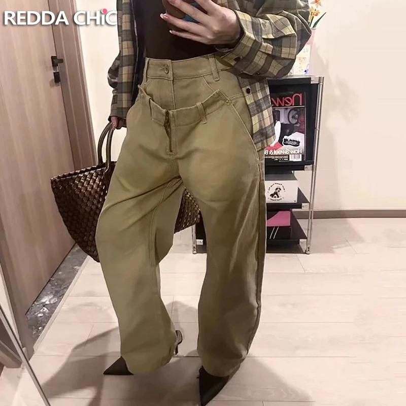 

ReddaChic Женский комплект из двух предметов Джинсы цвета хаки с двойным поясом Брюки-бананы Ретро стираные повседневные изогнутые джинсовые брюки