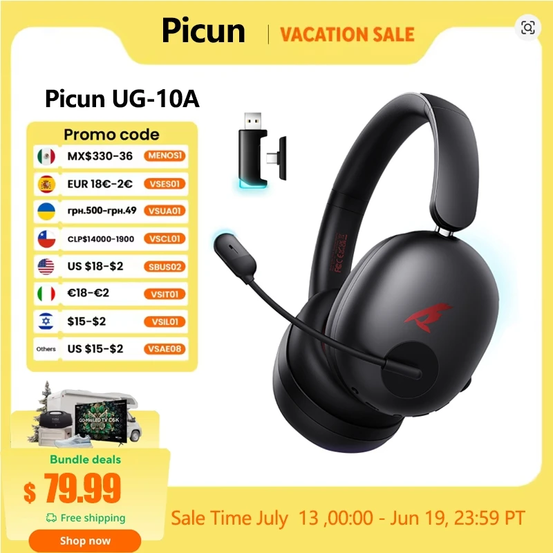 Picun UG-10A Gaming-Funkkopfhörer mit Mikrofon, Over-Ear-Headset, 56 dB, Bluetooth 6,0, 40 mm Treiber, 2,4 G/kabellos/Kabel-Ohrhörer