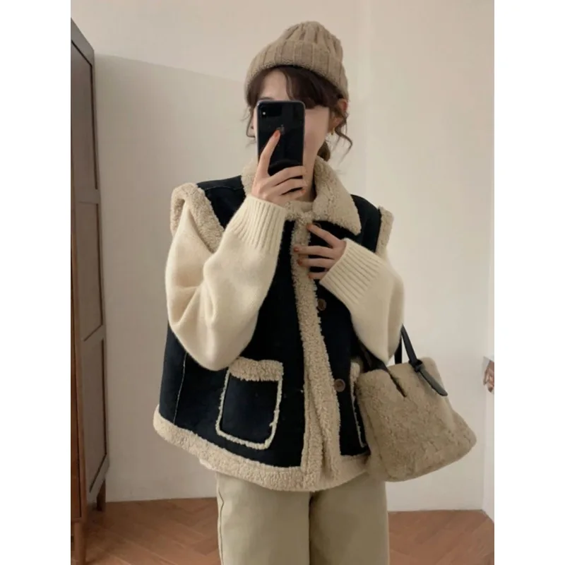 Kontrastfarbe Damen Herbst und Winter Knopf Strickjacke Weste ärmellose Weste Jacke Damen Casual Top