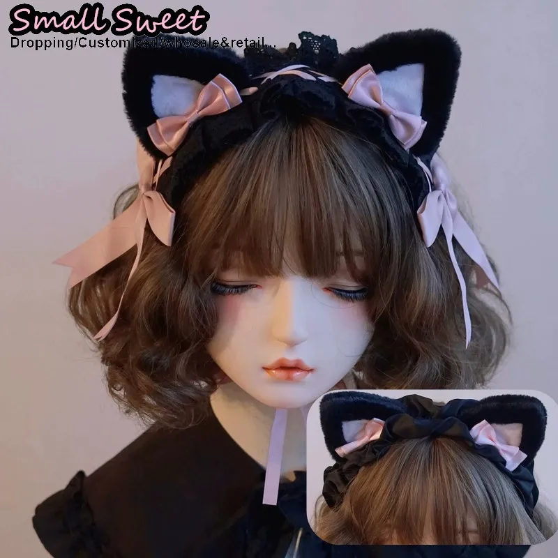 

Cat Dark Goth Lolita Punk Handmade Ruffled Black Pink KC Headband Hairband Subculture Y2K Spicy Girl Headwear Hair Accessories