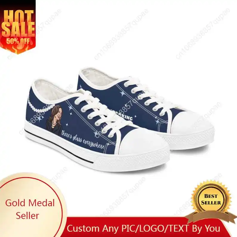 

wear your shoes ladies, there's glass everywhere - Kamala Harris 2024 - Women's Low Top Sneakers Casual Customized Couple Shoe