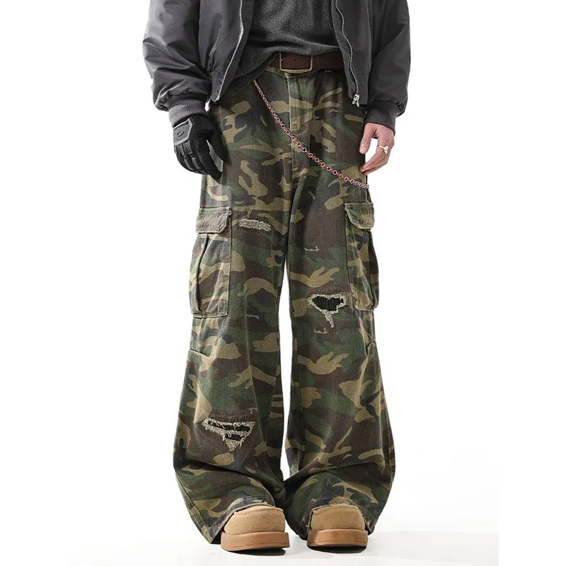 여성 스트리트웨어 빈티지 멀티 포켓 카모플라주 카고 진 2025 가을 미국 레트로 Y2K 데님 팬츠 와이드 레그 배기 바지