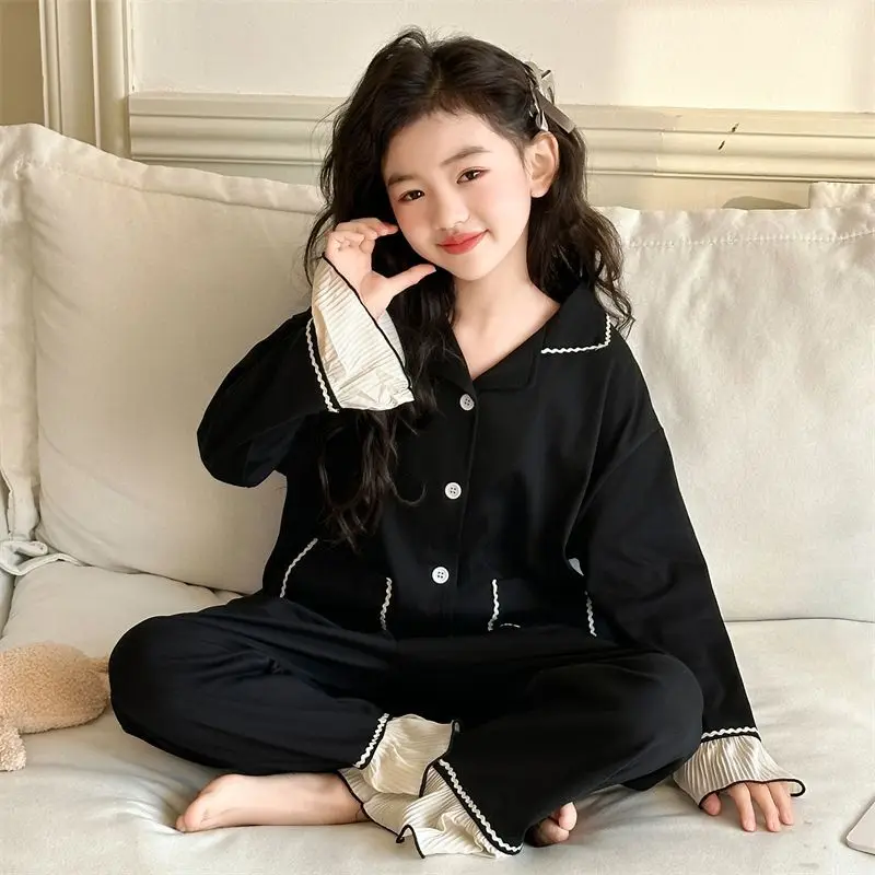2025 New Girls' Spring Pajama Sets for Kids Tweens Korean Style Loose Fit Long Sleeves Home Wear