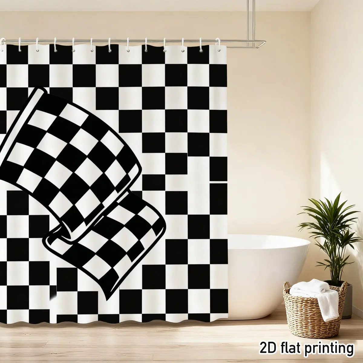 

Черно-белая шторка для душа с клетчатым флагом – Гоночный флаг на фоне сетки, 2D плоская печать, полиэстер, 12 отверстий для крючков