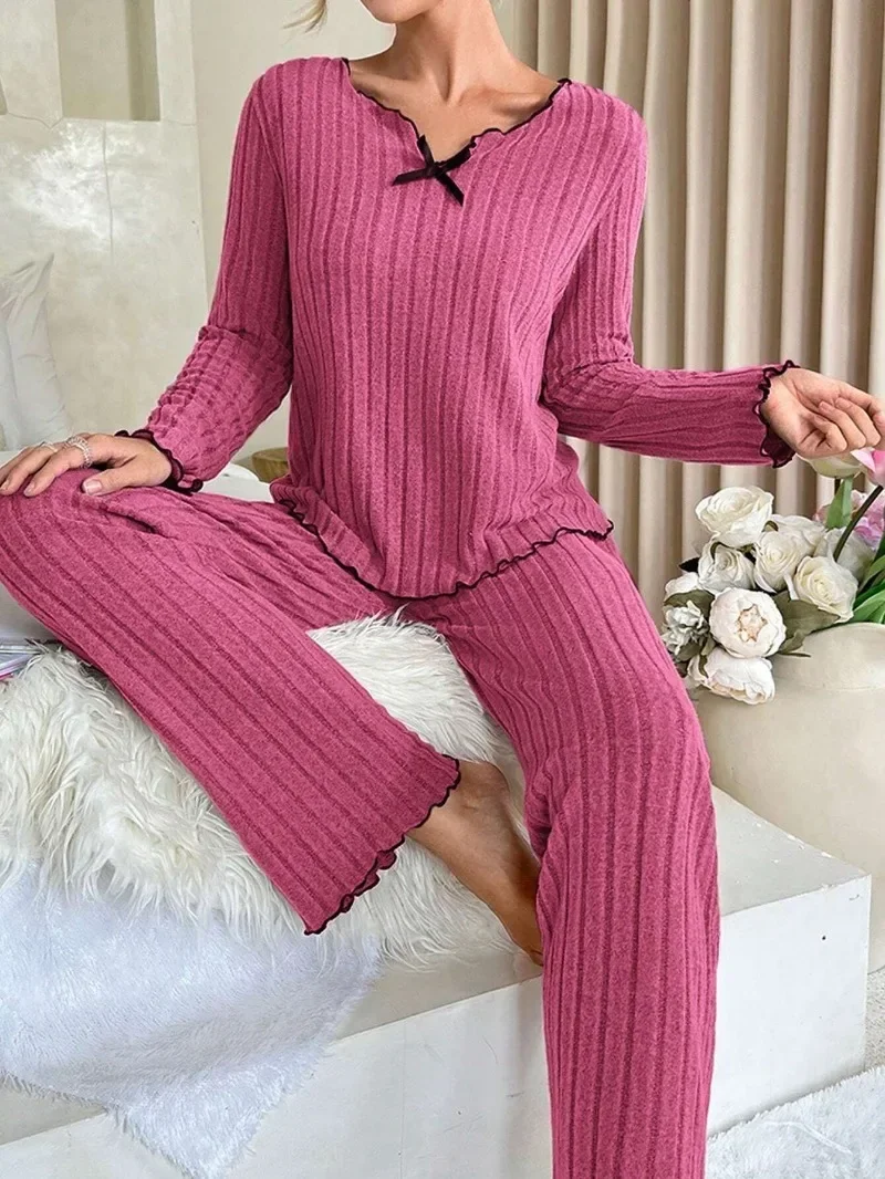 Damen-Herbst-Winter-Nachtwäsche, geripptes Pyjama-Set, langärmliges Oberteil und lange Hose, 2-teiliges Set, lässige Homewear, Loungewear – Detail 7