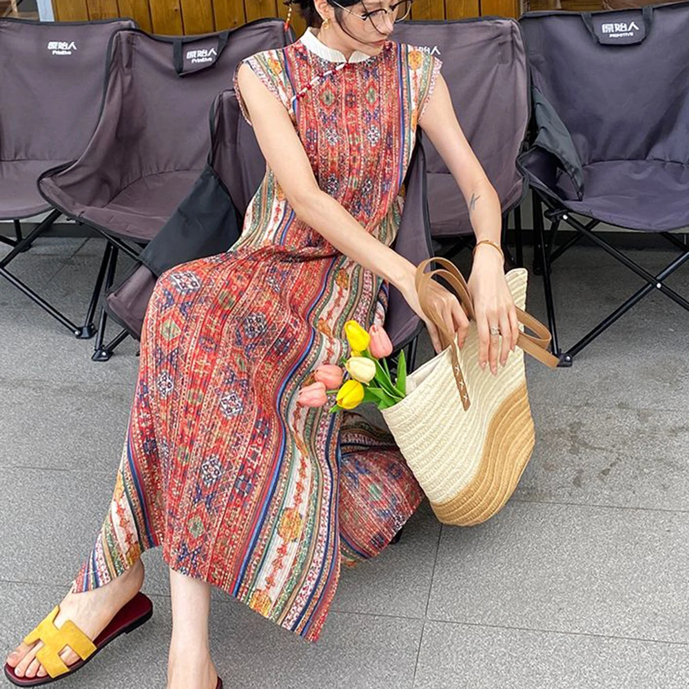 

Literary and ethnic style pleated printed dress loose and thin straight long dress improved cheongsam skirt