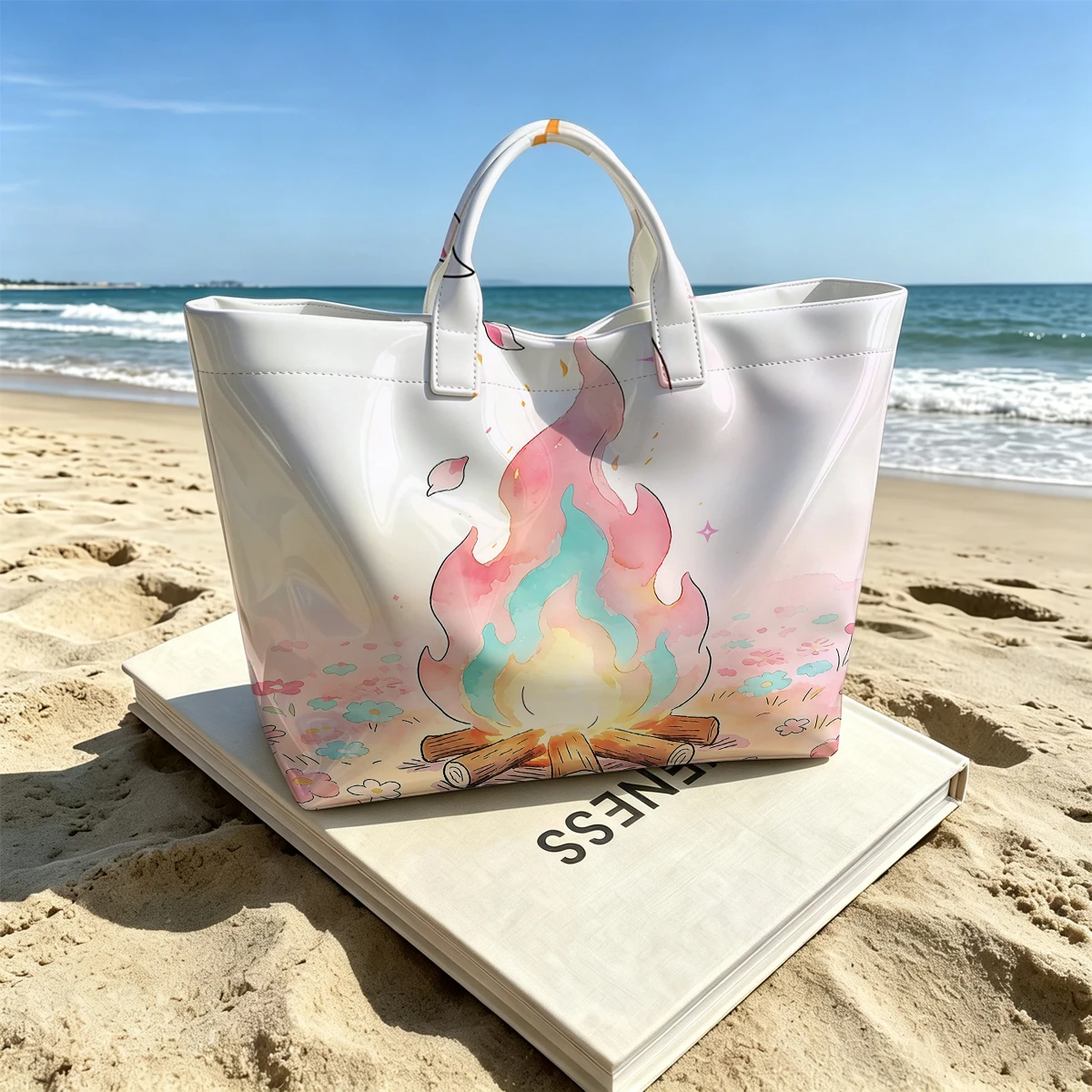 Campfire Blossom Stylish Large Glossy PVC Tote Bag Washable Waterproof Durable Ideal for Travel Commute Cosmetics Books Handbags