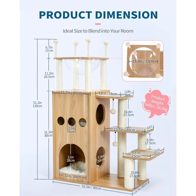 Modern Cat Tree for Large Cat, Wood Cat Tower Heavy Duty Scratch Post for Indoor Big Cats,  Extra Tall Cat Condo Sturdy Frisco