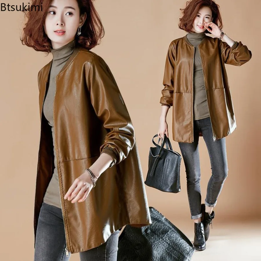 New Fashion Mid-Long Leather Jackets Women's Loose Baseball Uniform Elegant PU Leather Jackets Autumn Winter Windbreaker Coats