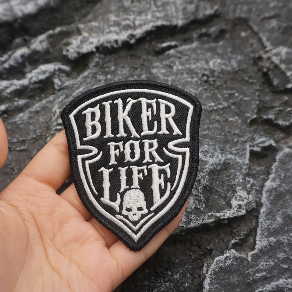 BIKER FOR LIFE Embroidered Patch with merrow border, Sewable Applique for Clothing and Accessories