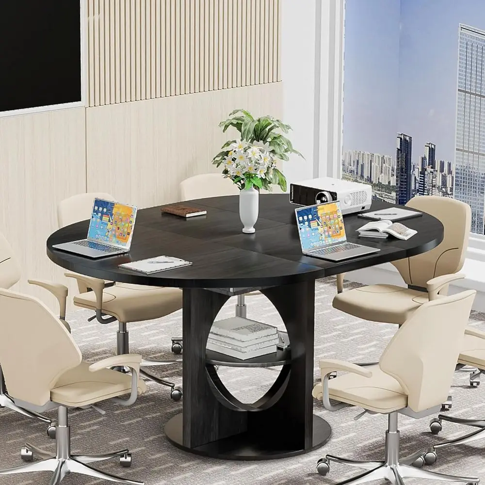 

Extendable Round Conference Room Table for 4-6, 43-59 Inch Oval Meeting Room Table with Storage, Wooden Circle Desk with Leaf, S