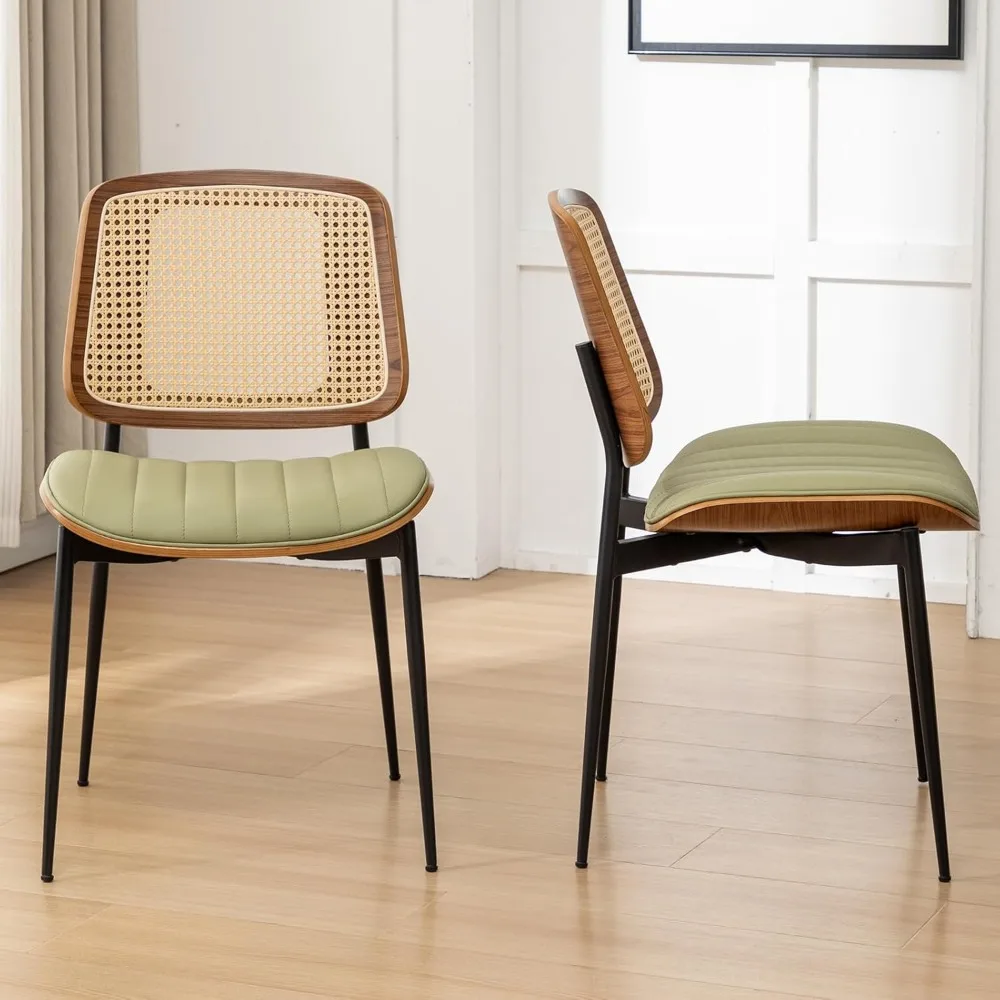 Mid Century Modern Rattan Dining Chairs Set: 4 Green PU Leather Upholstered, Metal Leg Kitchen Chairs with Adjustable Features
