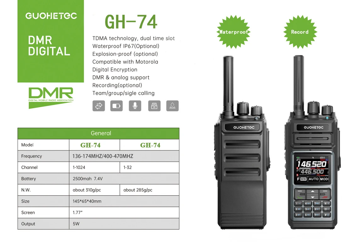 

GUOHETEC GH-74 Walkie Talkie DMR & Analog VHF UHF Screen Keyboard TWO WAY RADIO 1024 Channels Wireless Communication 5W