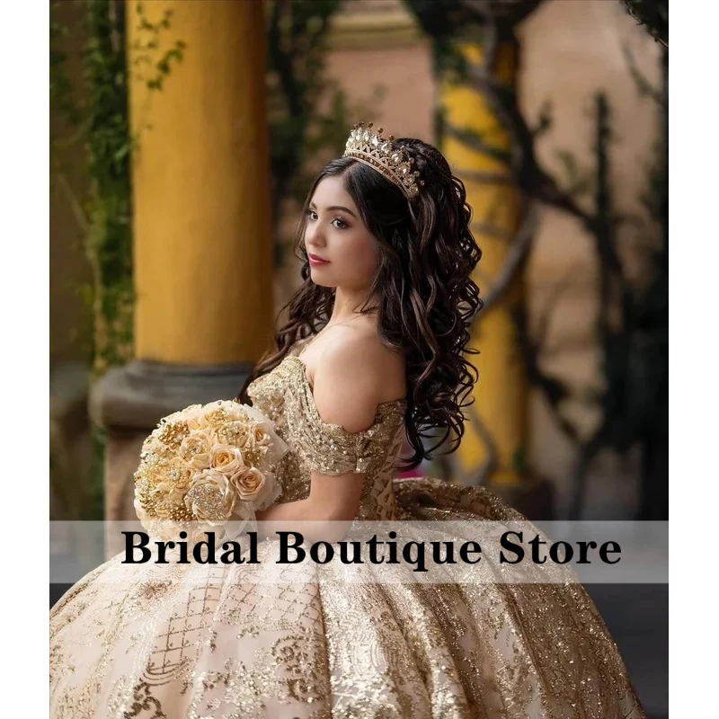 Quinceneara Dress in Gold for Womens Lace Off Shoulder Royal Train Bride Party Dresses 15 Anos Vestido Customized