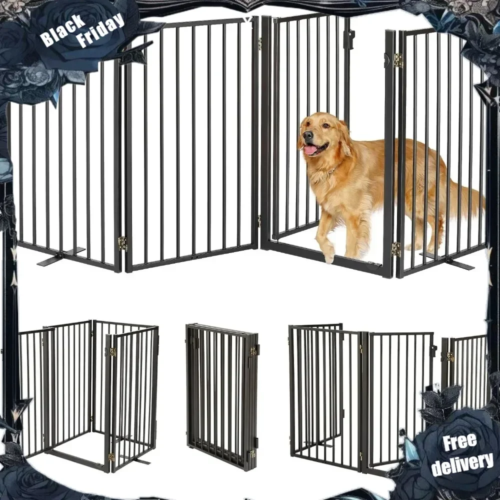 

Dog Gates with Door,Indoor&Outdoor Pet Fences for Puppy Dogs,Extra Wide Black Free Standing Foldable Tall Dog Gate