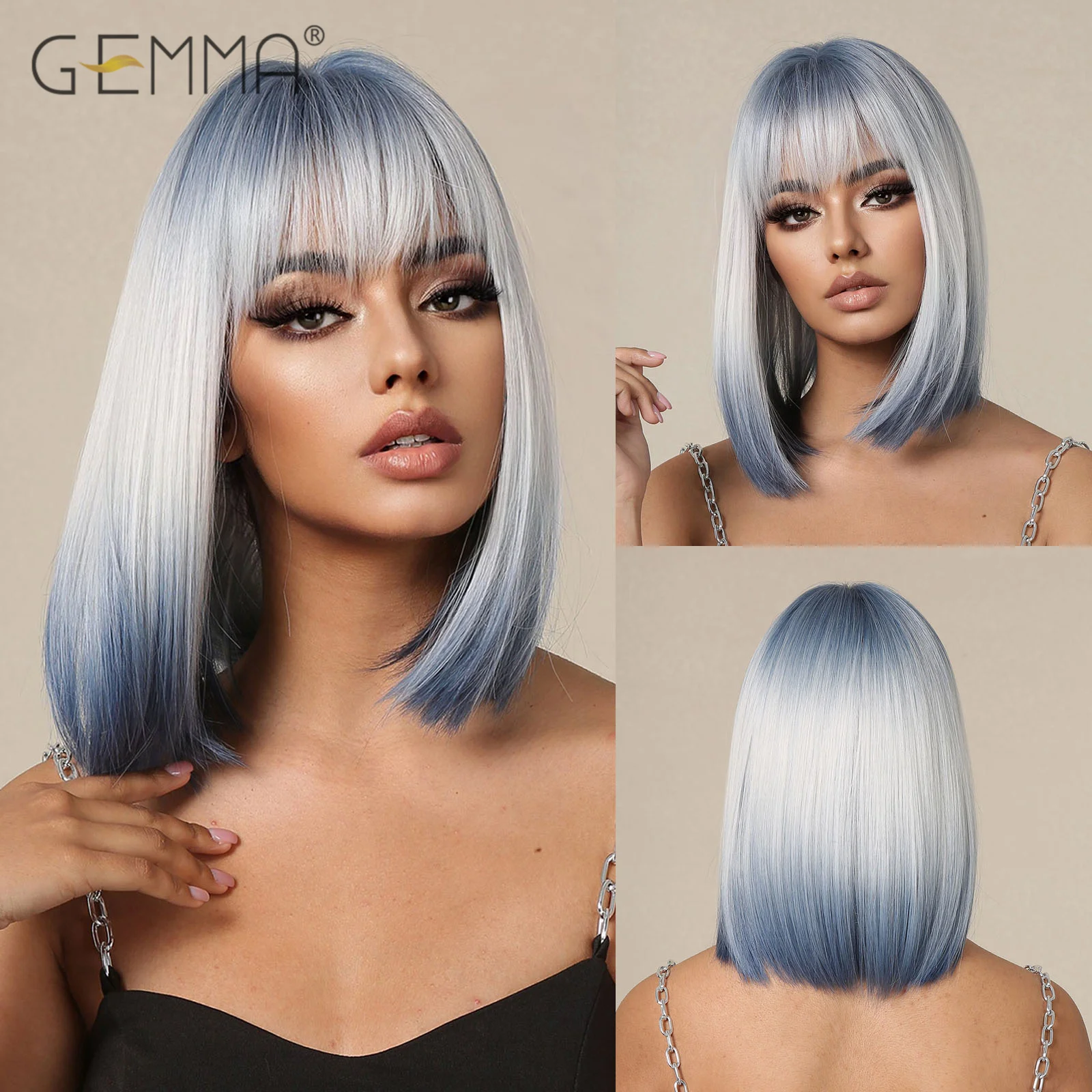 GEMMA Synthetic Ombre Blonde Blue Cosplay Wig Short Straight Bob Hair Wigs with Bangs for Black Women Heat Resistant Fibre