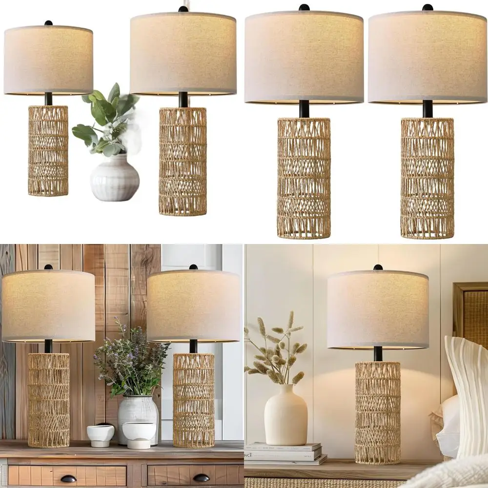 

Набор из 2 настольных ламп в стиле бохо, 22,5 дюйма, для гостиной и спальни, дизайн из ротанга, декор в стиле фермерского дома, коричневый (лампочки в комплект не входят)