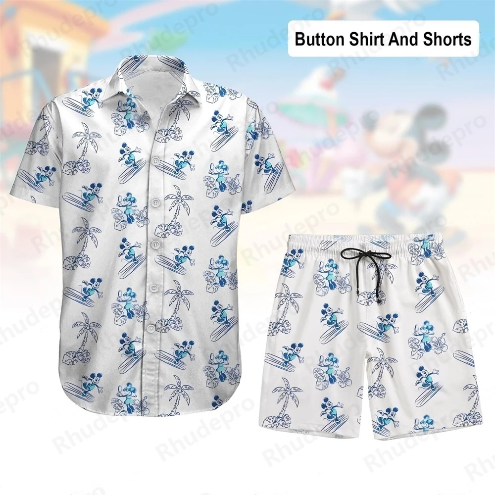 

Disney Mickey Minnie Tropical Hawaiian Button Shirt Suit Cartoon Beach Shorts Magic Kingdom T-shirt Disneyland Set Travel Gift