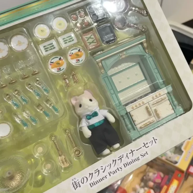 Original Anime Sylvanian Cat Dinner Party ชุดรับประทานอาหารครอบครัว Kawaii รูปตุ๊กตาสะสมของขวัญวันเกิดคริสต์มาสของขวัญของเล่น