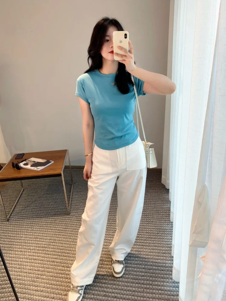 

White Casual Pants for Women Spring Summer Large ket Design Versatile Slimming Workwear Long Trousers Straight Leg Pants