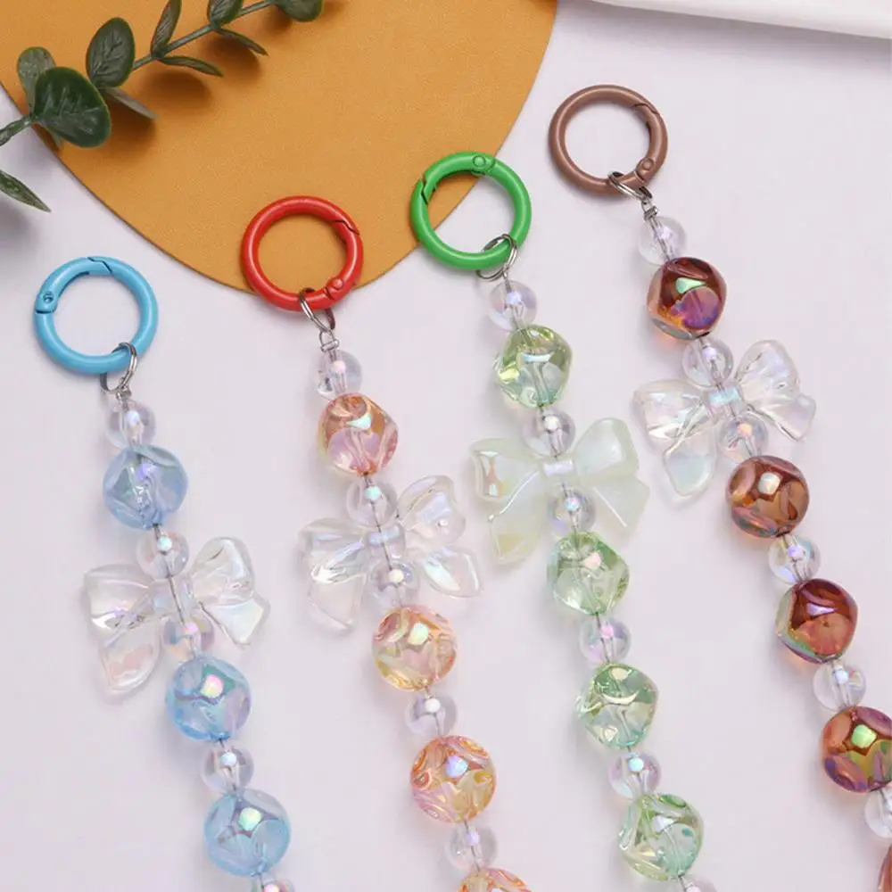 Mobile Phone Lanyard Earphone Case Decoration Hand-Beaded Bag Pendant Bowknot Bead Key Chain INS Gift Sparkling Phone Keyring