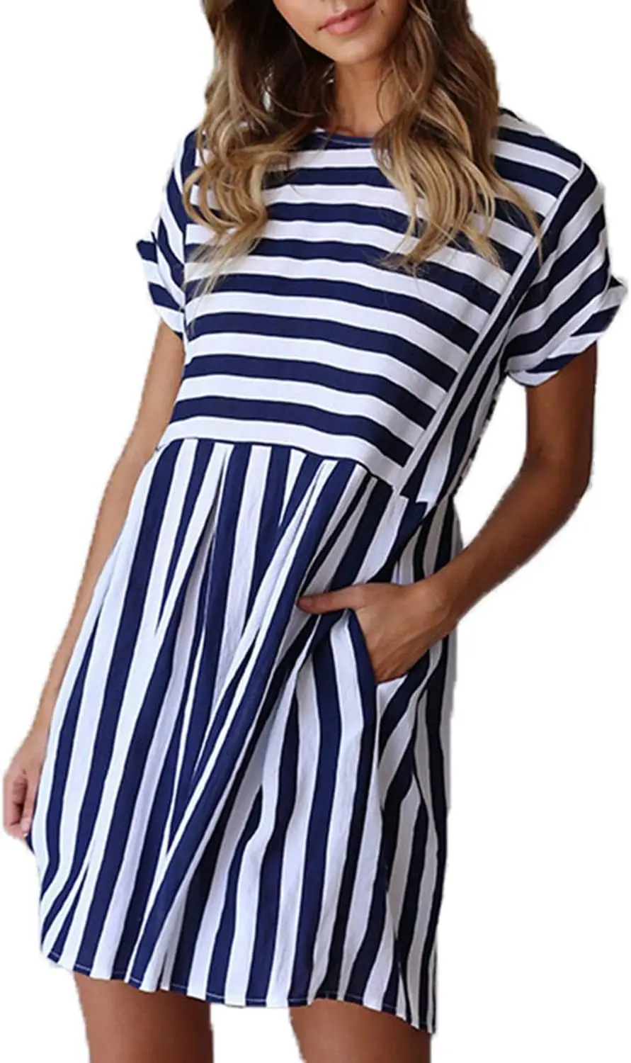 Women's Short Sleeve Summer Mini Dress Casual Swing Aline Boho Floral T-Shirt Dresses with Pockets