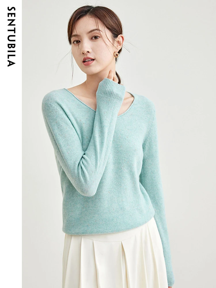 SENTUBILA 92.5% Wool Blend Base Knit Tops for Women 2024 Autumn Winter V-neck Stretch Long Sleeve Pullover Sweaters Knitwears