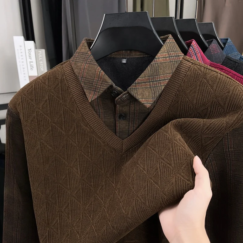 

Высококачественные брендовые мужские лацканы на флисовой подкладке из двух предметов, осень-зима, Новое поступление, утепленный трикотаж в сетку, деловая мужская одежда для отдыха