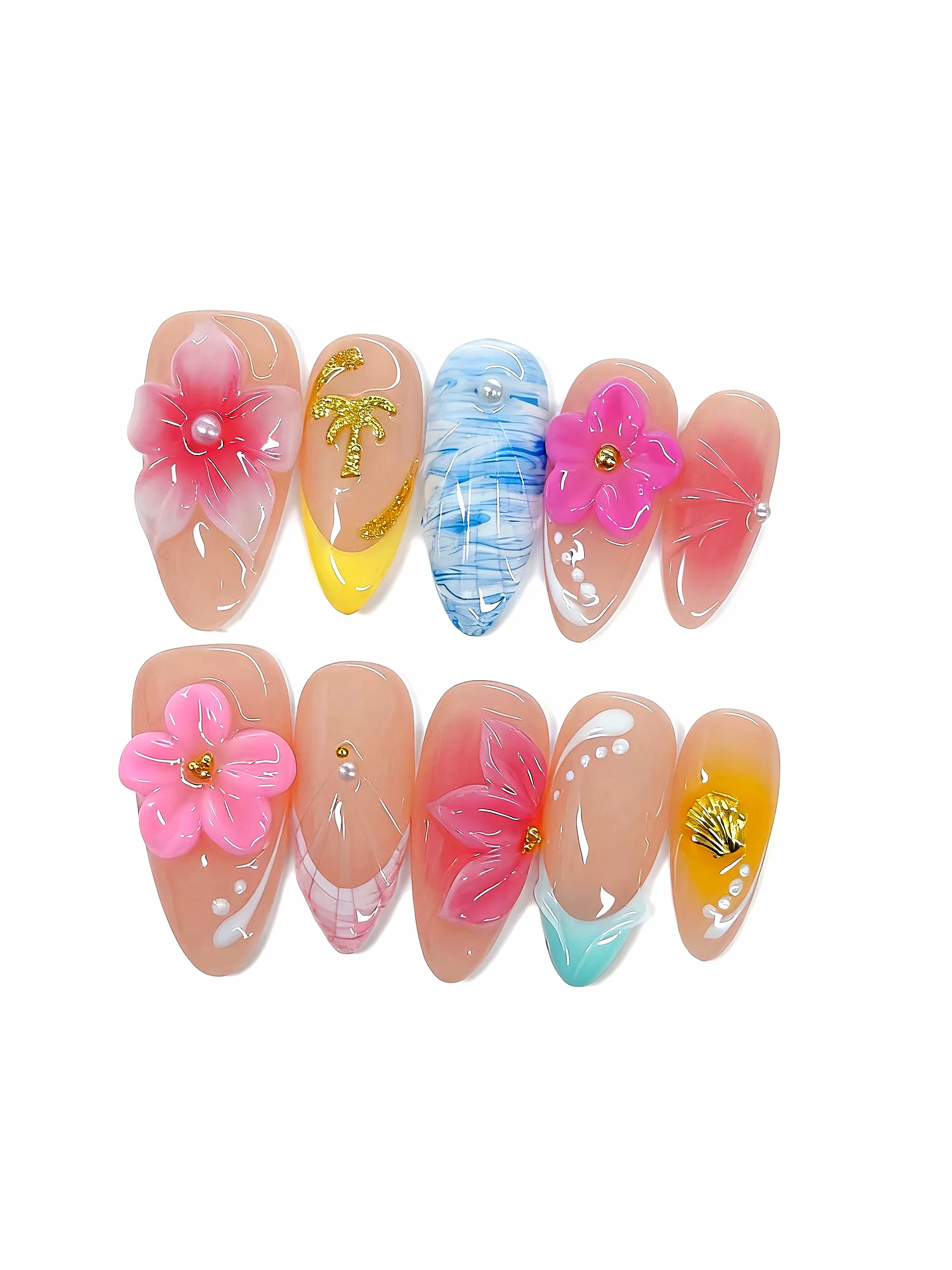 Prensa para paraíso tropical nas unhas - elementos florais e de praia (D534)