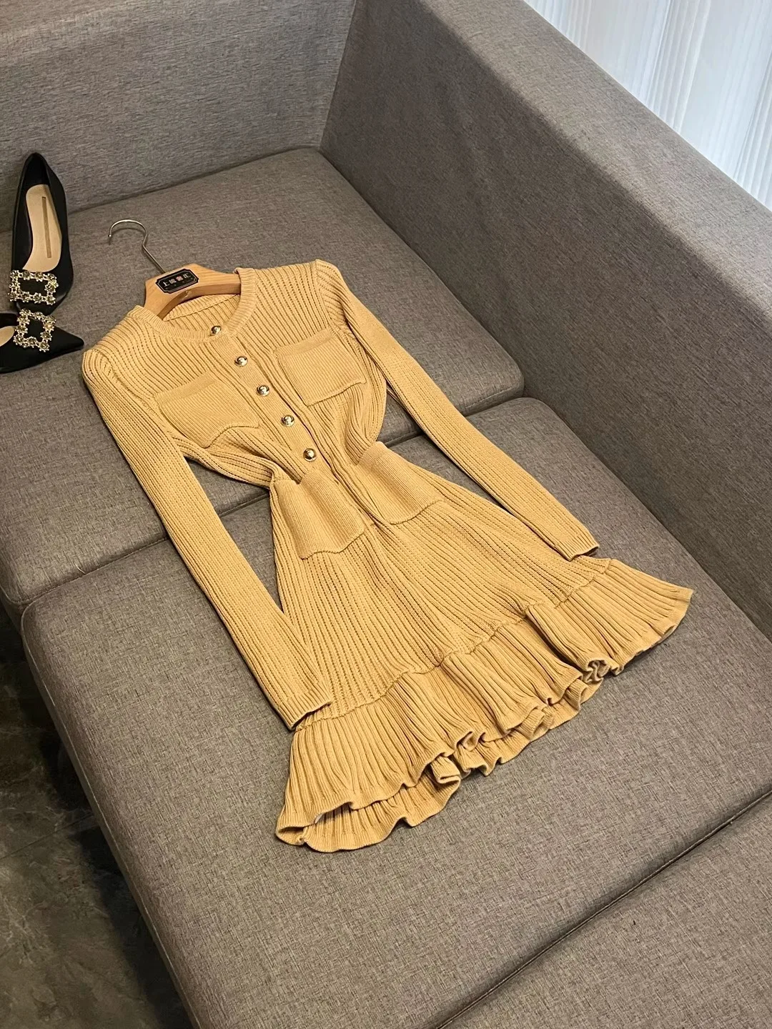 

Однотонная трикотажная юбка Long Sve Midi Dr с одной пуговицей Дизайн Ci Commute Friendly A-Line Silhouette X69