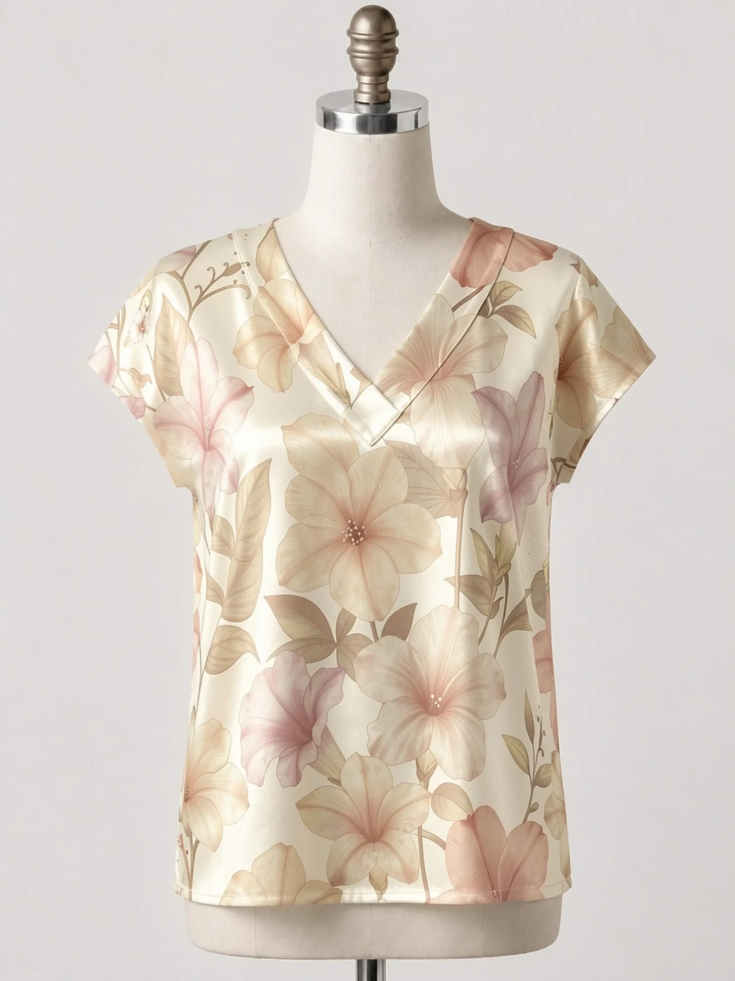 Floral Satin V Neck Top for Women Cap Sleeve Soft Draped Fit Silky Office Vacation Dinner Wear Lightweight Breathable Sunny Airy