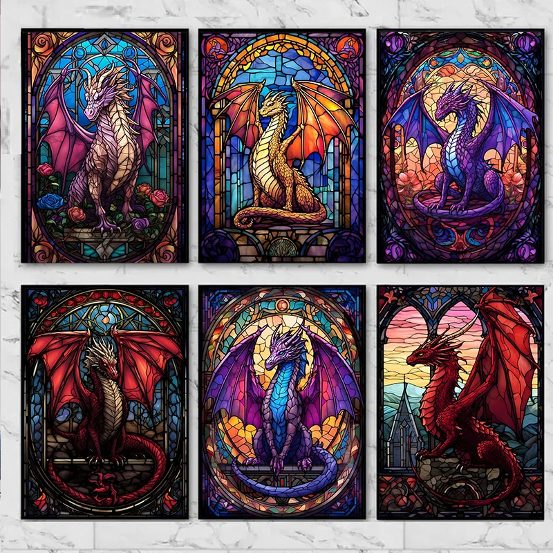 Vintage All Dragons Asylum Stained Glass Posters Prints  Abstract Wall Art Canvas Painting for Livinig Room Home Decor Cuadros