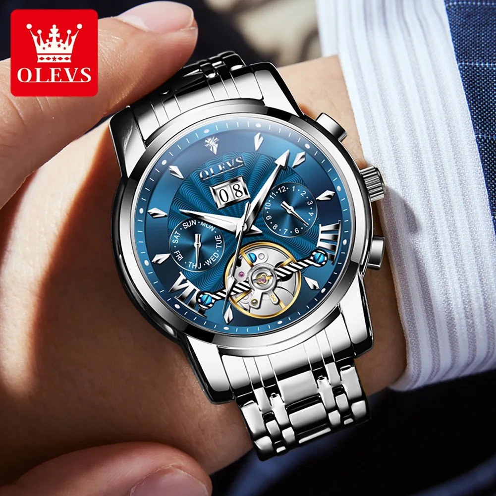 OLEVS 2023 New Skeleton Flywheel Mechanical Watch for Men Waterproof Luminous Watches Luxury Top Brand Men\'s Business Wristwatch