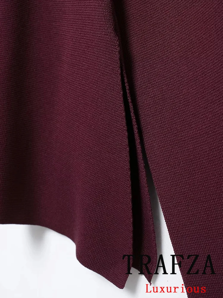 TRAFZA Vintage Chic Claret Women Knit Suit V-Neck Long Sleeve Loose Cardigans Sheath Mini Skirt Fashion 2024 Autumn Winter Suit